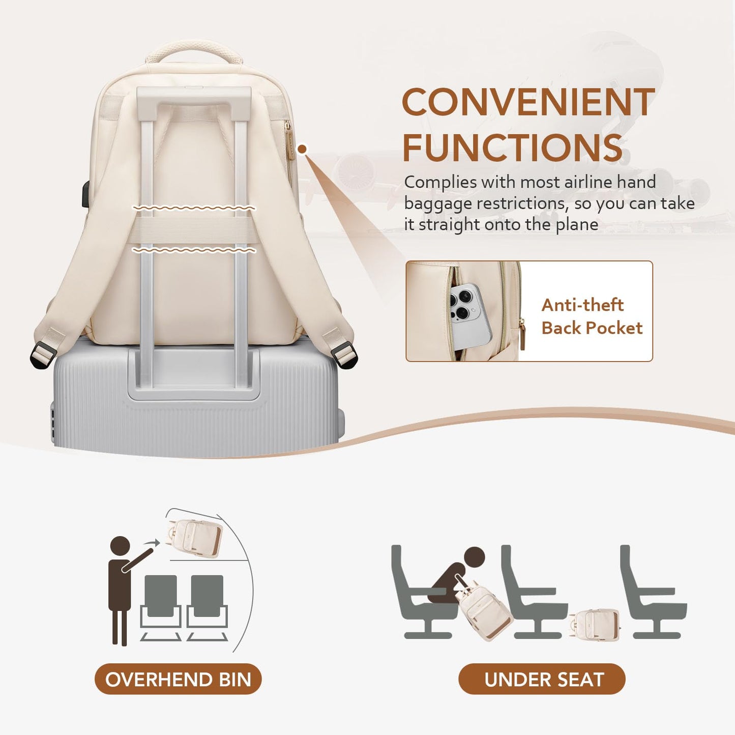 MDODO Laptop Backpack for Women,Travel Backpack with Laptop Compartment,Casual Daypack College Bookbag Computer Work Backpack,15.6Inch, Beige