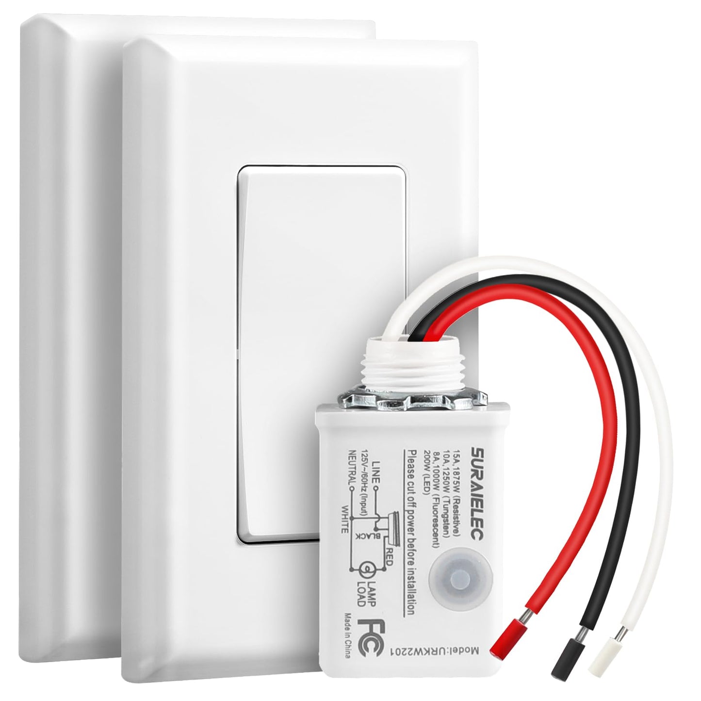 SURAIELEC Wireless Light Switch and Receiver Kit, 15A High Power, No Wiring, 100ft RF Range, Programmable Remote Control 3 Way Wall Switches for Lamp, Ceiling Light, Fan, Outdoor Lighting