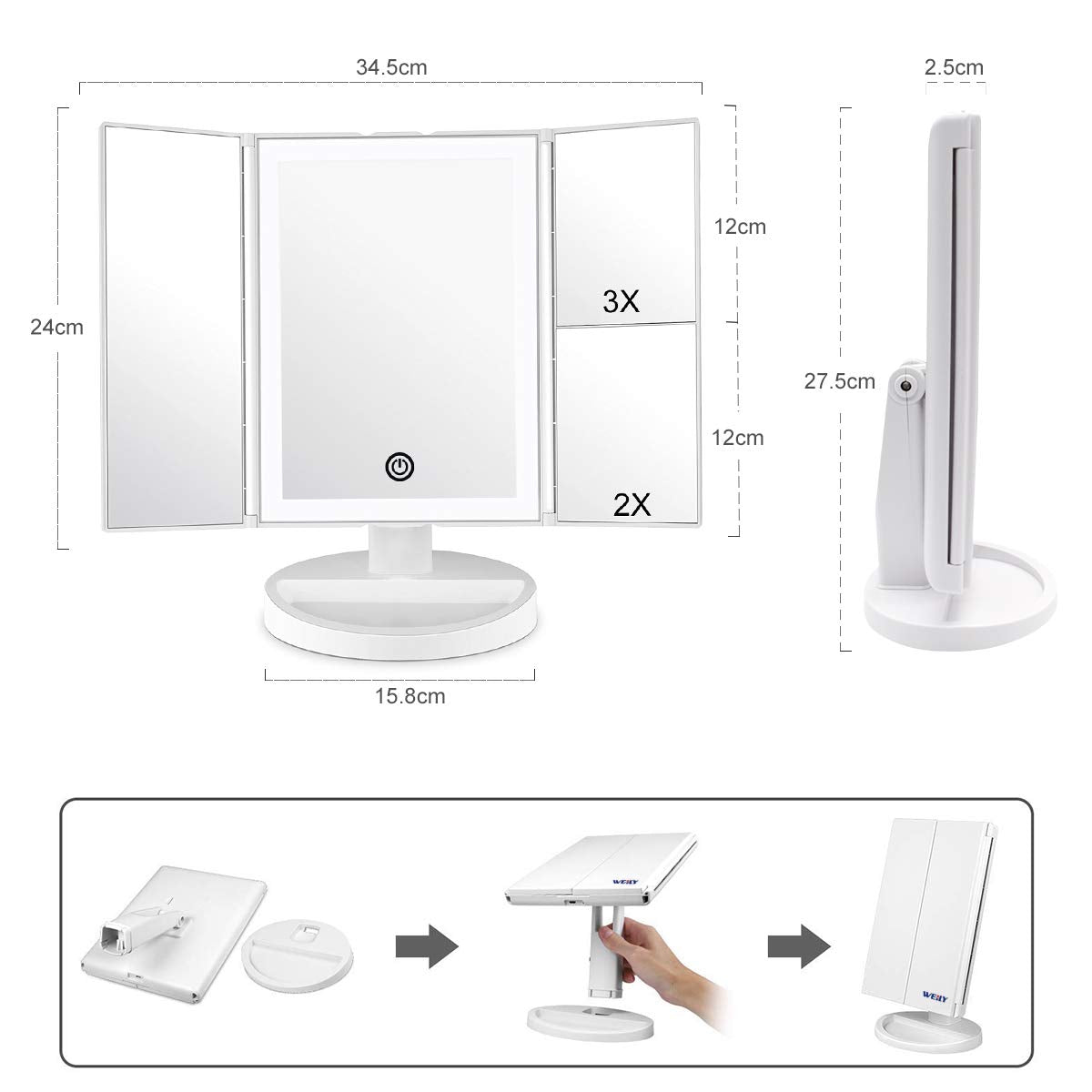 WEILY Makeup Vanity Mirror with LED Lighting and Touch Screen, Tri-Fold 1x 2X 3X Magnification,180° Adjustable Rotation, Dual Power Supply, Countertop Cosmetic Mirror (White)