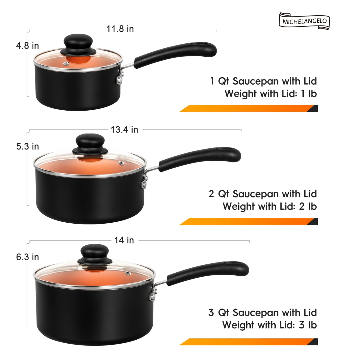 MICHELANGELO Nonstick Sauce Pan Set with Lid, 1QT&2QT&3QT Ceramic Copper Saucepan Set, Non Toxic Sauce Pots for Cooking, Multipurpose Cooking Pots Set, Dishwasher Safe, Induction Compatible