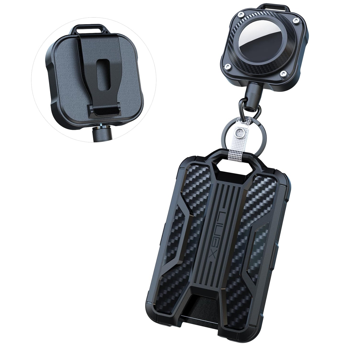 LIUGX Badge Holder with Airtag Retractable Keychain, Belt Clip Ver, Heavy Duty for Airtag Holder/Case, ID Card Holder (Holds 4 Cards), Badge Reel with 31.5” Wire Rope, 10,000+ Rebound, 8oz