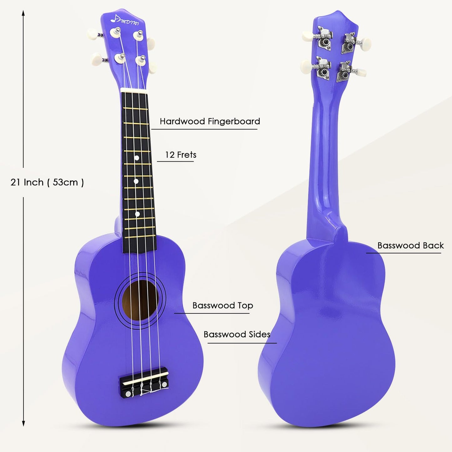 Ukulele for Beginners Hawaiian Wood Soprano Ukelele Starter Kit for Kids Adult Student Ukalelee Uke Bundle Pack with Free Lessons Gig Bag Tuner Strap Picks Nylon Strings (Deep Purple, 21 Inch)