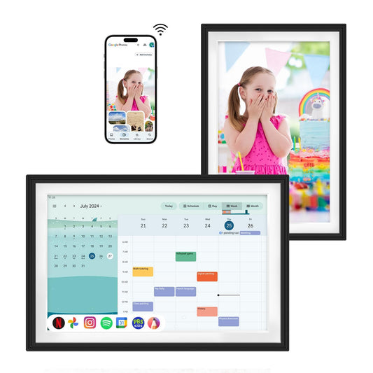 10.1" Digital Google Calendar:Chore Chart and Planner for Family Schedules|Picture Frame with Anti-Glare Touchscreen|Wall-Mount or Desktop|Google Voice Assistant,Home Hub,App Store|Li-Battery&Speakers