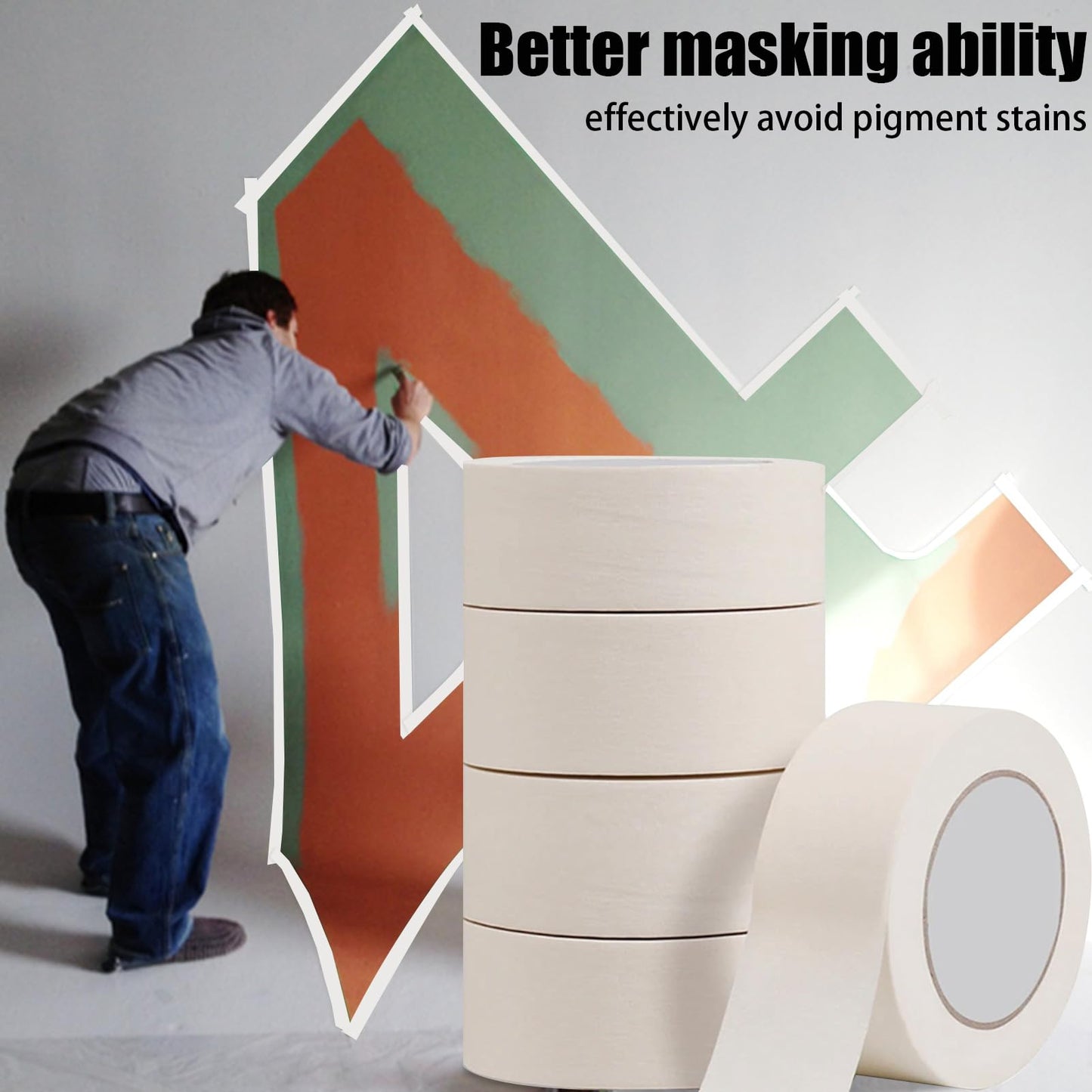 Masking Tape 2 Inch, 10 Packs 50mm Wide White Masking Tape Bulk for General Purpose Use, 50mm X 50 M X 10 Rolls, 500m Totally.