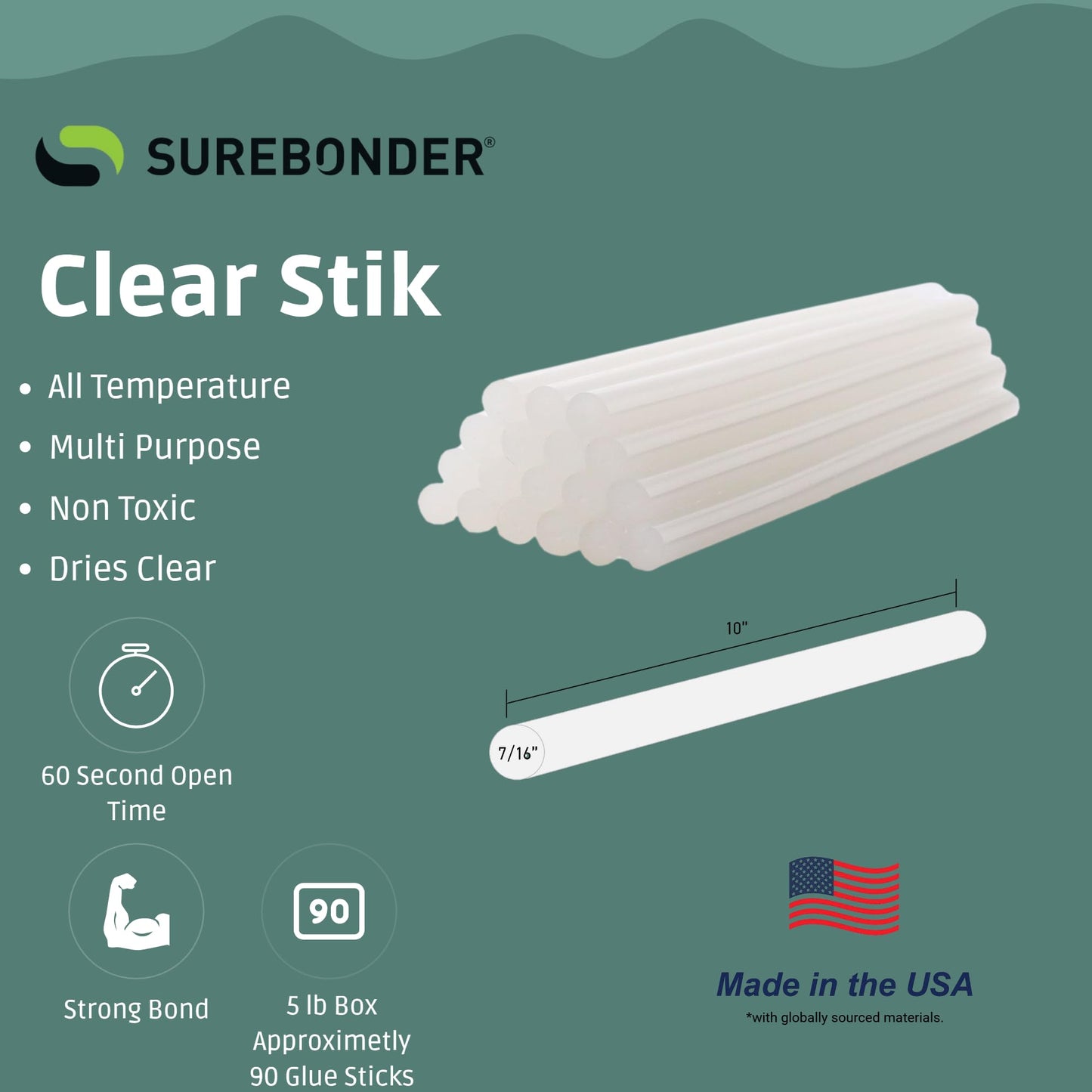 Surebonder 725R510 All Temperature General Purpose Hot Melt Glue Sticks 0.43" Diameter 10" Length-5 lbs-Approximately 90 Sticks, Clear