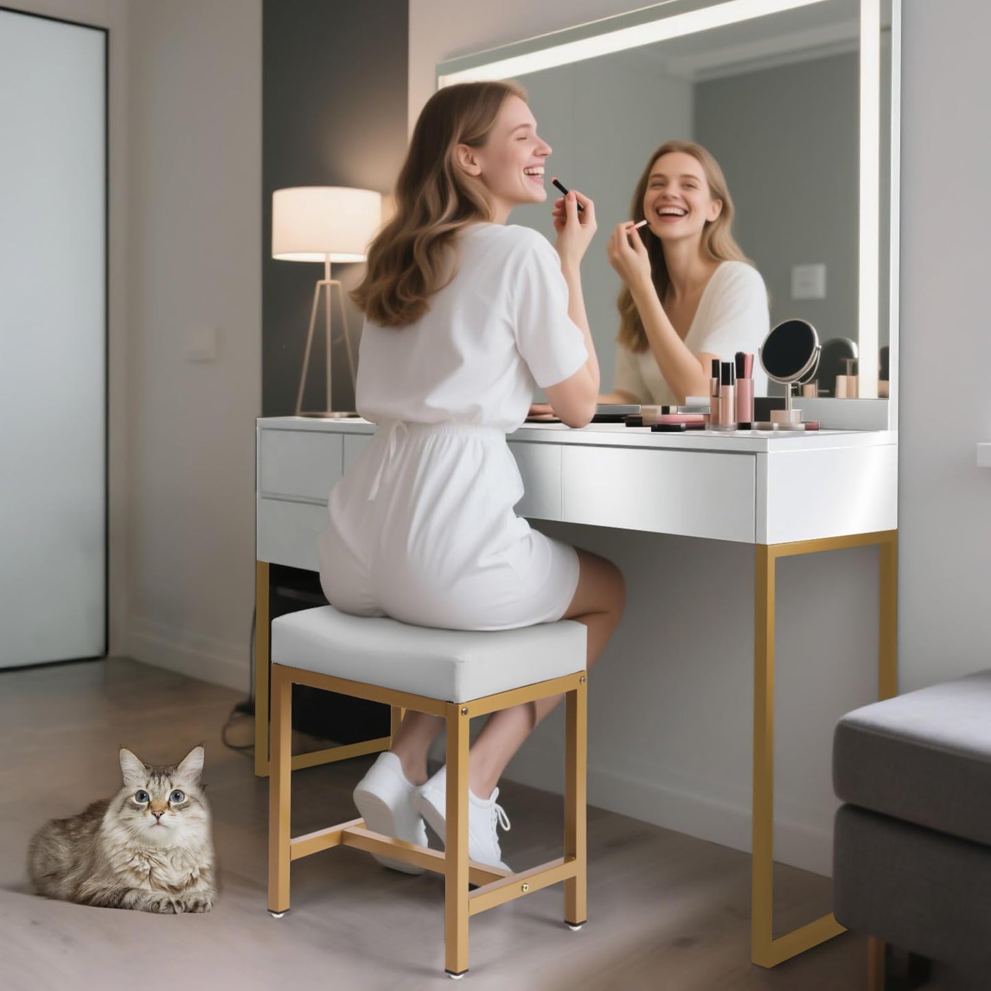 Saddle Seat Vanity Stool, Makeup Stool Chair with Metal Leg, U-Shaped PU Ottoman Foot Rest Stool, Small Square Chairs Under Desk for Vanity, Living Room, Bedroom, Modern Makeup Bench White&Gold