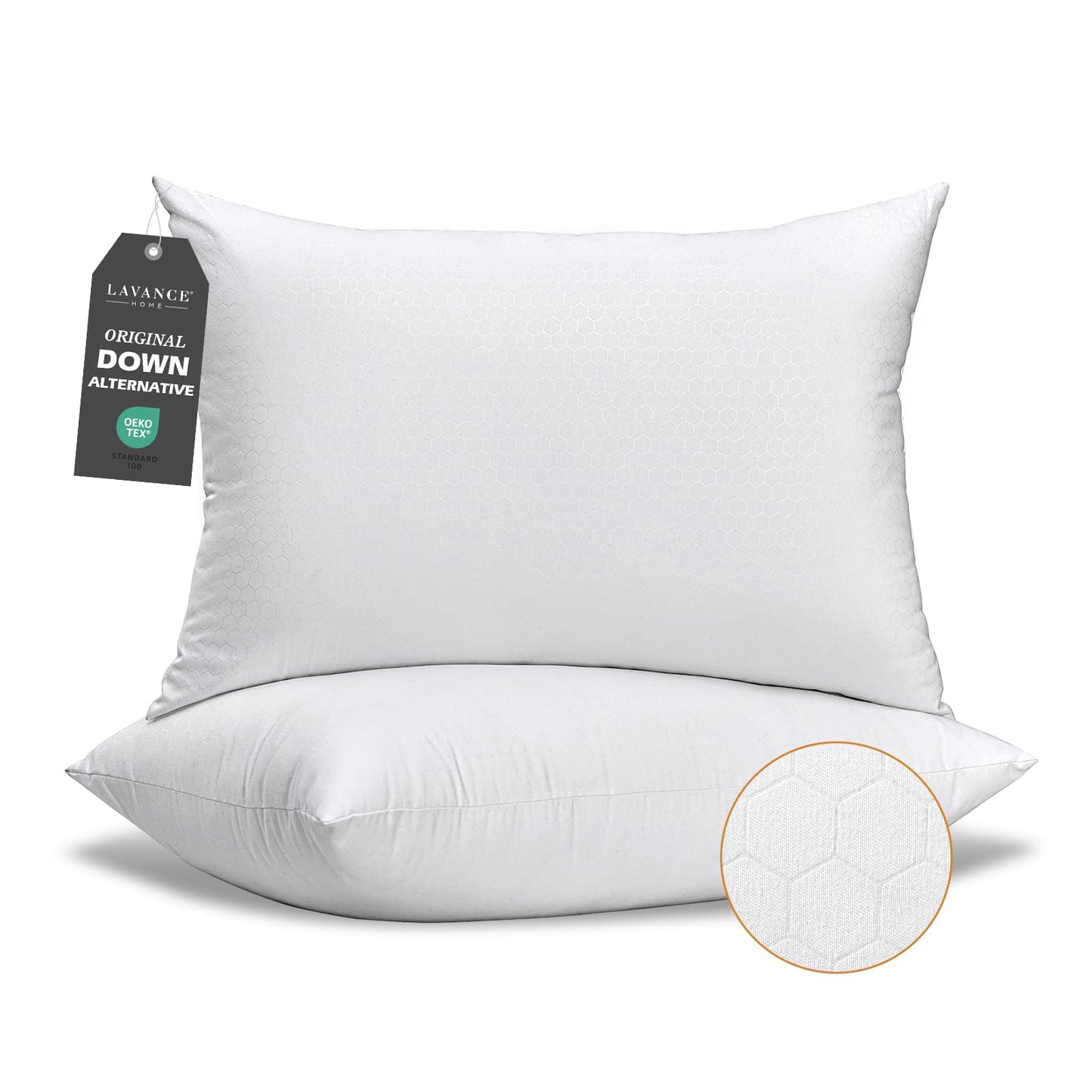 LAVANCE Pillows King Size Set of 2, Honeycomb Embossed Fabric Down Alternative Filling Bed Pillows for Sleeping, Luxury Fluffy Hotel Quality for Side, Back, and Stomach Sleepers, 20"x36"