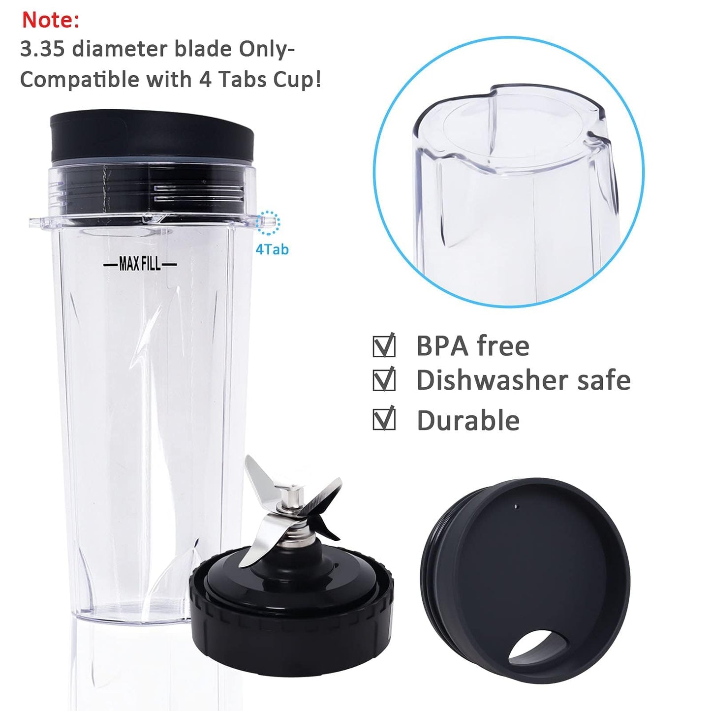 Replacement Parts Compatible with Nutri Ninja, Blender Blade 6 Fins and 2 Pcs 16oz Single Serve Blender Cup Set Compatible with Ninja BL660 BL740 BL780 BL772 BL773CO