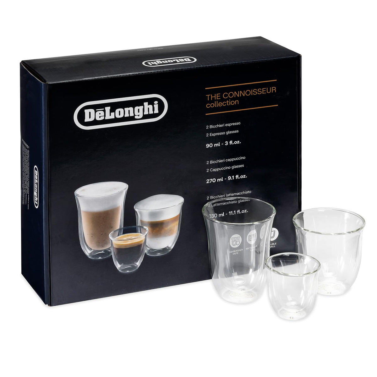 De'Longhi Trio Gift Set 2 Espresso, 2 Cappuccino, 2 Latte Double Wall Thermal Glasses, DLSC302