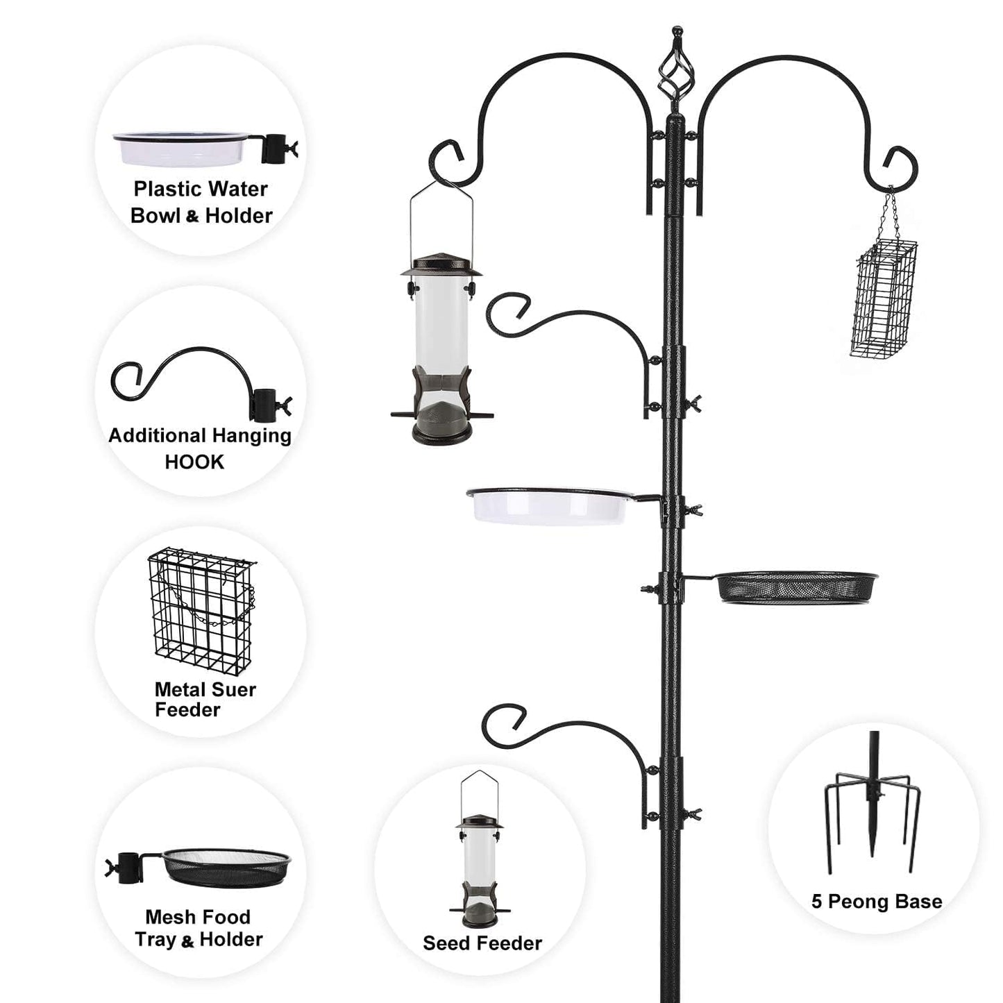 Bird Feeder Pole Bird Feeding Stand Outdoor Hanging Wild Bird Feeder Station Kit Planter Hanger Multi Feeder Hanging with Metal Suet Feeder Bird Bath for Attracting Wild Birds