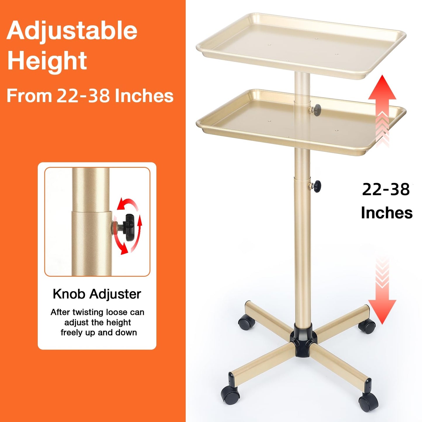 Salon Tray on Wheels, Champagne Gold Salon Tray Cart with Adjustable Height, Hair Stylist Tray, Premium Metal Tattoo Tray, Suitable for SPA and Dental Tray