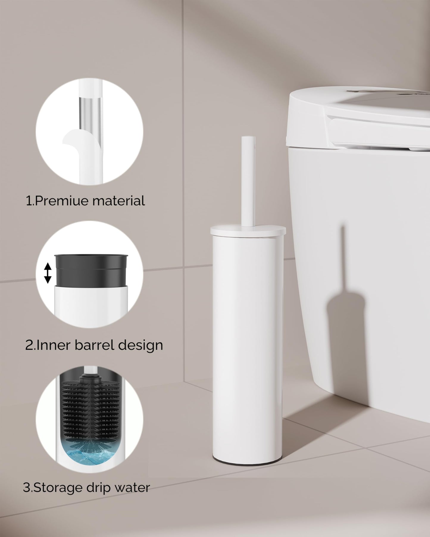 WZKALY Toilet Brush and Holder Set, Toilet Bowl Brush with Caddy for Bathroom, Toilet Cleaner Brush with Stainless Steel Handle & Durable Bristles, Splash Proof（1 Pack, White）