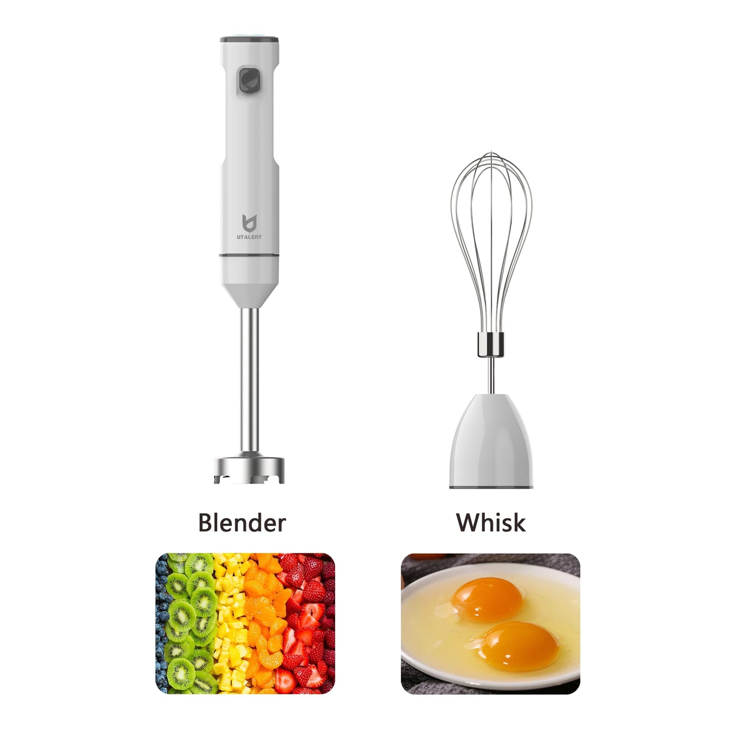 Cordless Hand Blender, UTALENT Variable Speed Immersion Blender handheld Rechargeable, with USB-C Charging Cable, Egg Whisk, for Smoothies, Milkshakes, Hummus and Soups – White