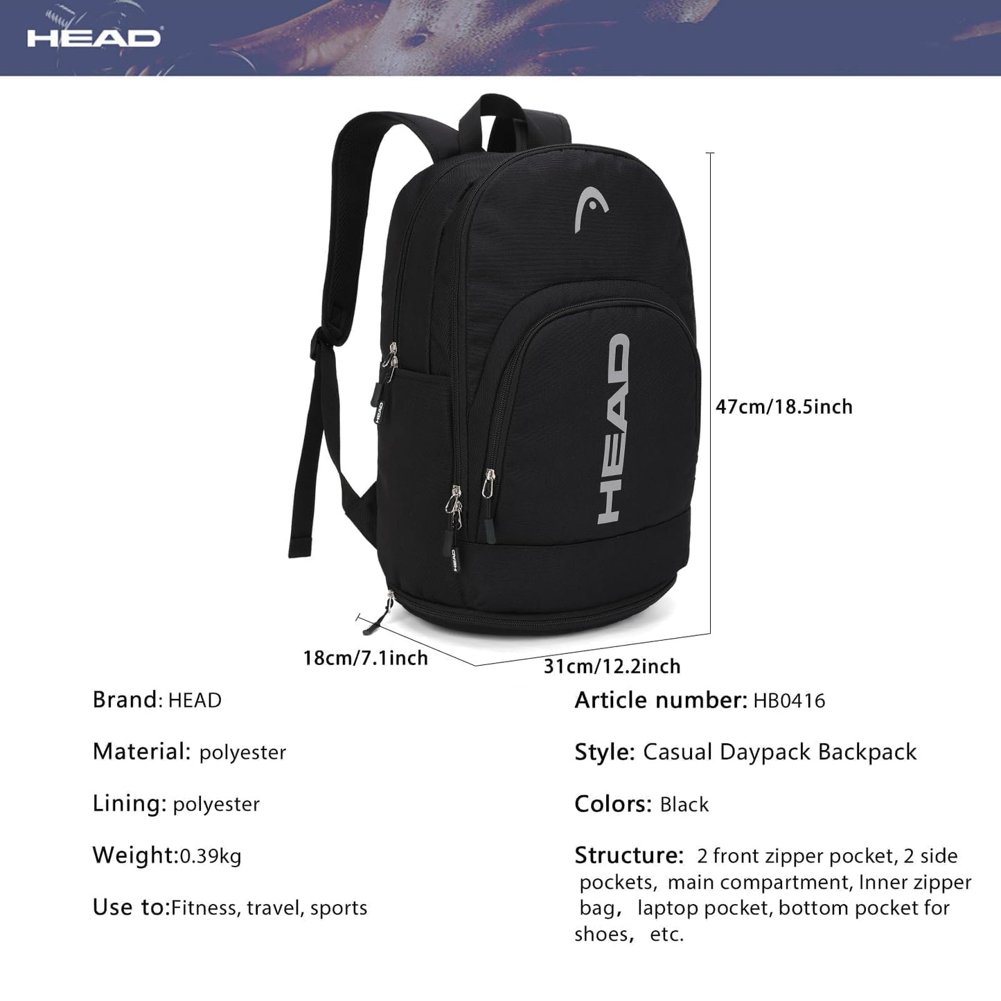 HEAD Waterproof Travel Backpack for Women/Men, Lightweight 15.6" Laptop Backpack Computer Bag with Shoes Pocket