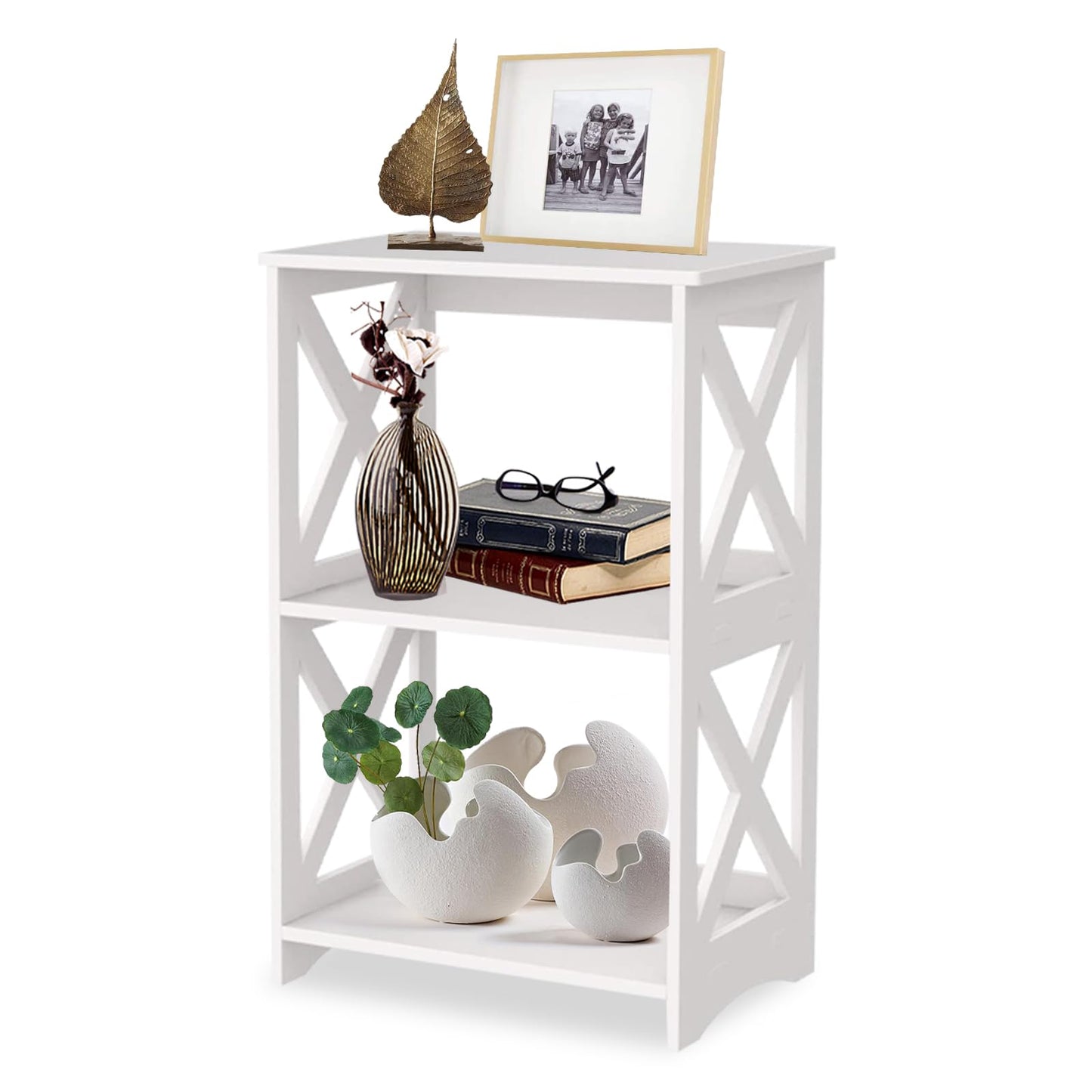 OKSTENCK Small Bookshelf Bookcase 2 Layers, White Side Table, Bedside Table, End Table, Suitable for Living Room, Bedroom, Office.