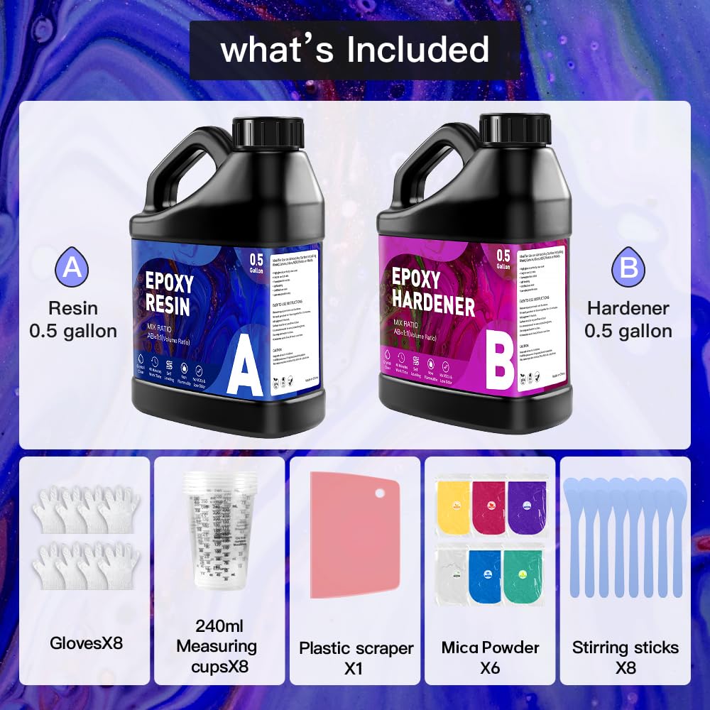 GRLELOU Epoxy Resin Kit 1 Gallon - No Yellowing & Less Bubble 2 Part Epoxy Resin for Beginners, 1:1 Ratio Art Resin for Wood Casting, Jewelry Making, Art Crafting & Countertop Coating (0.5Gal×2)