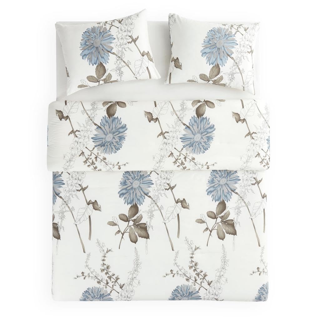 Wake In Cloud - Floral Comforter Set, Botanical Flowers Pattern Printed, 100% Cotton Fabric with Soft Microfiber Inner Fill Beddings (3pcs, Queen Size)