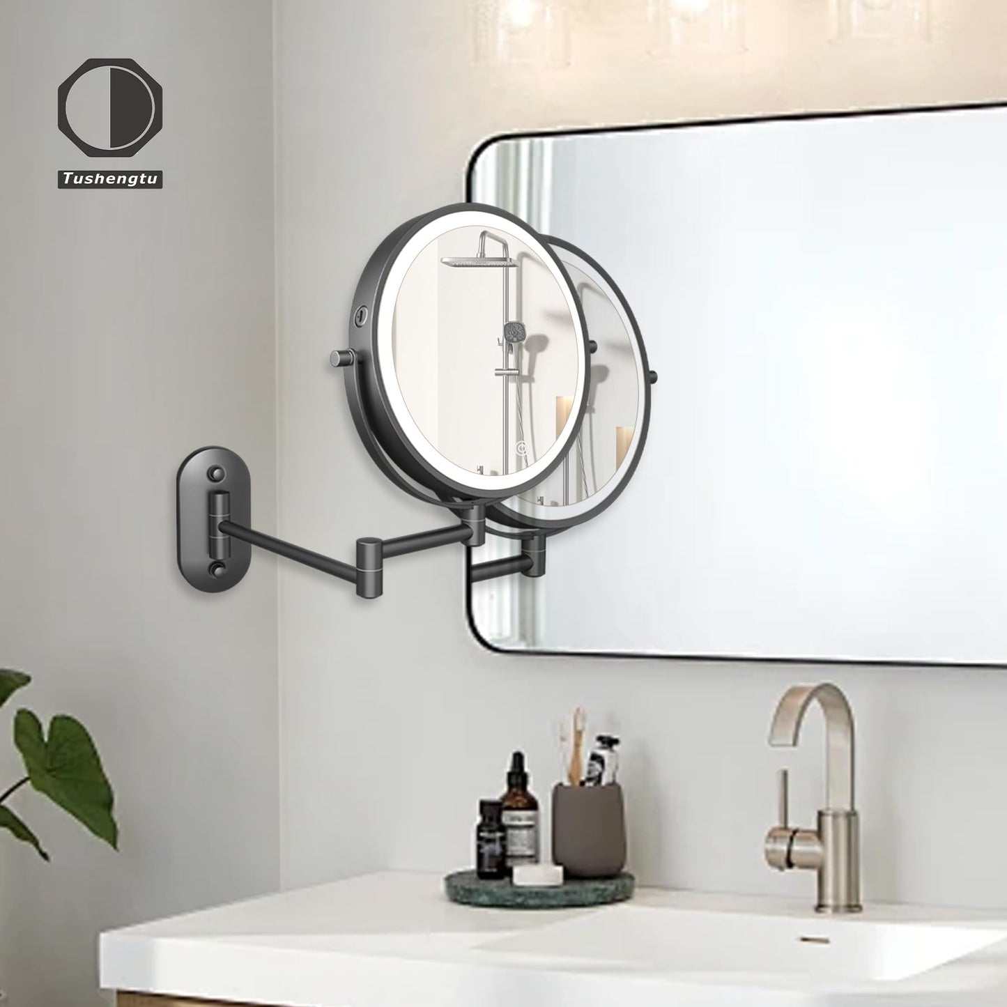 TUSHENGTU 8“Wall Mounted Makeup Mirror with Light 10x Magnifying for Vanity, Bathroom, and Shaving - USB Rechargeable,Adjustable Brightness and Color Temperature (Black-10X)