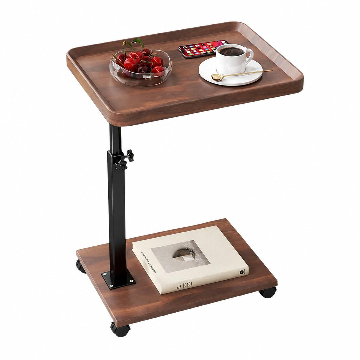 Premium Adjustable C-Shaped TV Tray Sofa Side Table with Wheels – Couch Tray for Snacks, Food, TV, Bed, Bathroom, or Study Use (Brown)