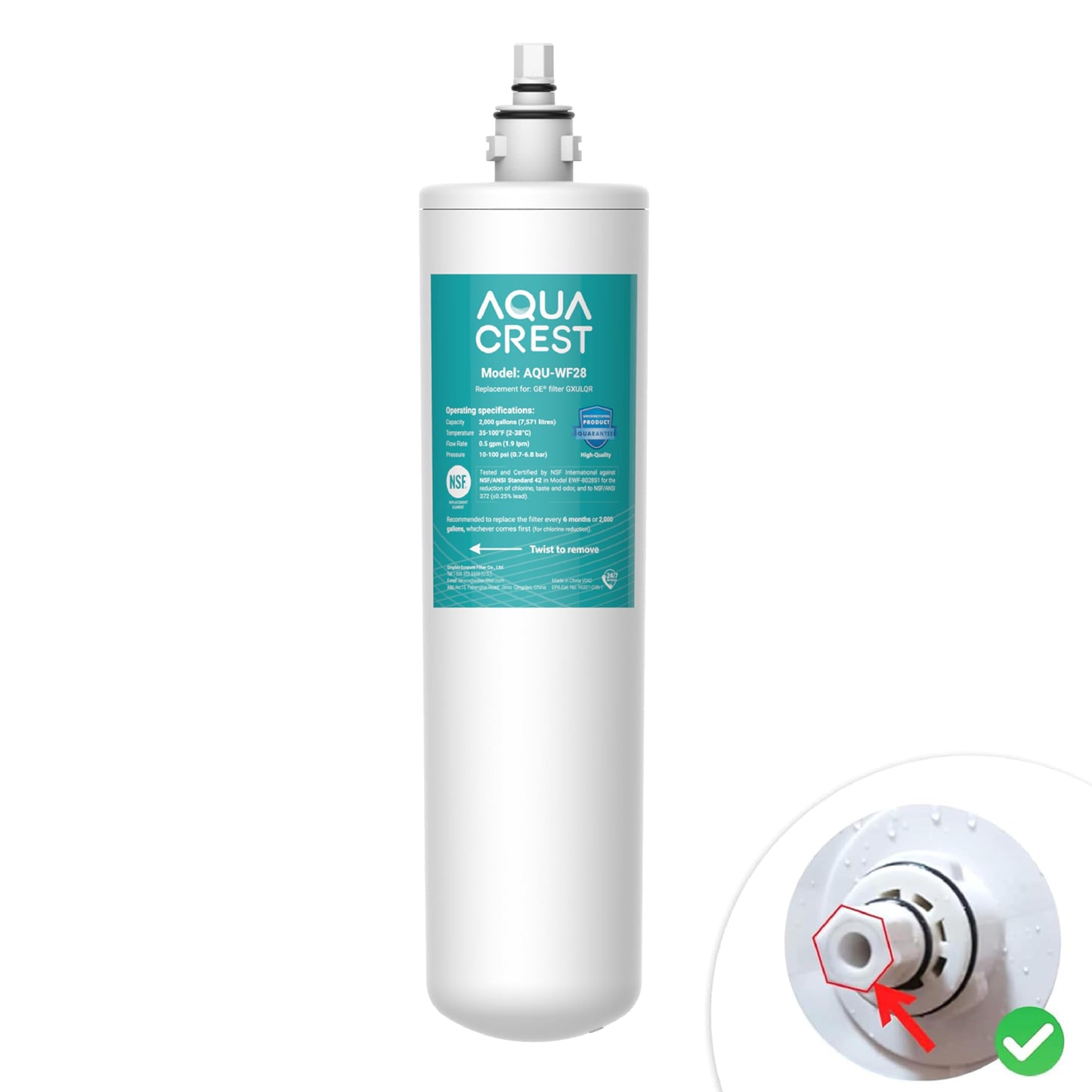 AQUACREST GXULQR 2000 Gallons Kitchen or Bath Replacement Filter, Replacement for GE SmartWater GXULQR GXULQK Twist Lock Undersink Filter (Pack of 1)