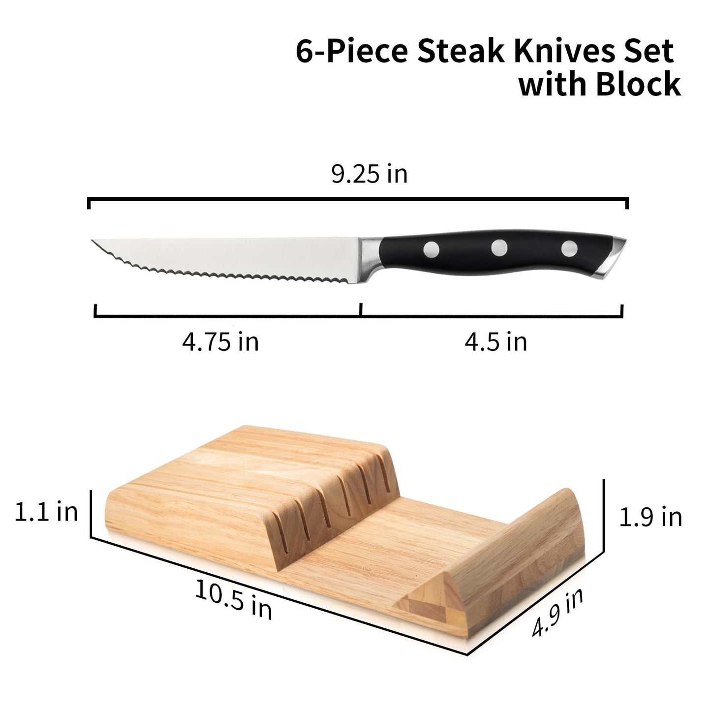 Alata 6-Piece Steak Knives Set with Block, 4.7 Inch with Serrated Edge Razor-Sharp Dinner Knives, Full-Tang Construction, Stainless Steel Steak Knife Set of 6