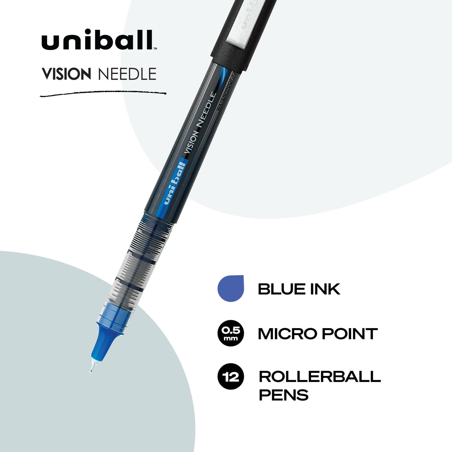 uni-ball VISION NEEDLE Rollerball, Stick Roller Ball Pen Micro-0.5mm, 12 Pack, Blue Ink (1734919)