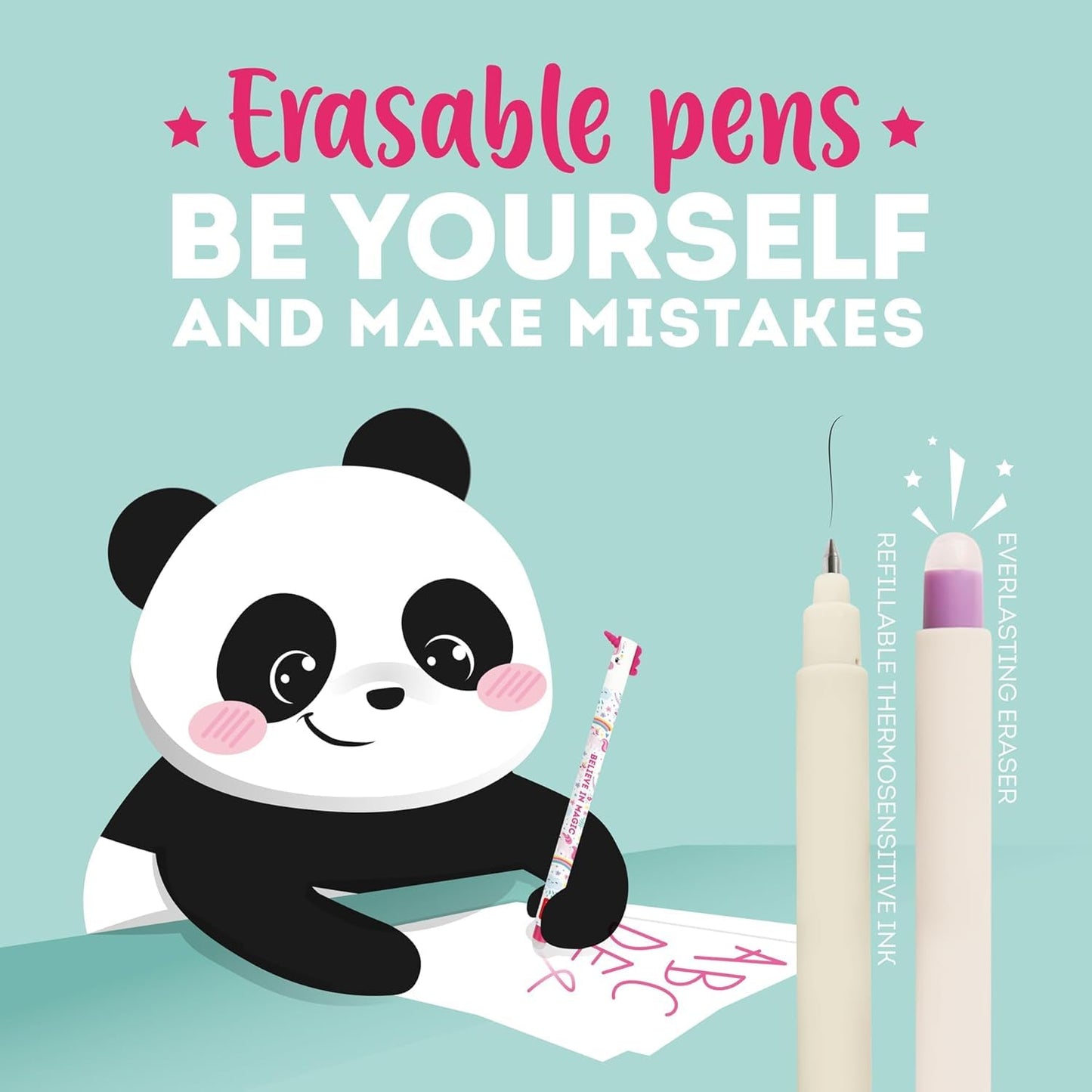 LEGAMI Set of 7 erasable gel pens with thermal sensitive ink, ink color gamut and keg patterns, 0.7mm tip, panda, cat, bee, llama, lion, hippopotamus and dinosaur patterns