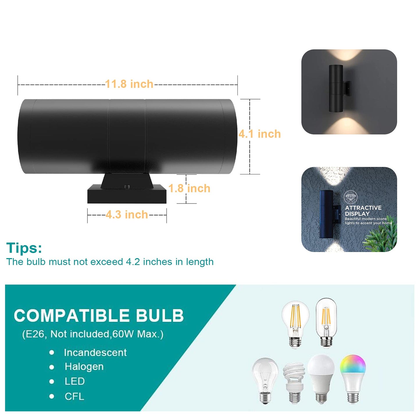 Tipace 2 Pack Dusk to Dawn Modern Outdoor Porch Lights Matte Black Sensor up and Down Wall Lights Cylinder Patio Light,Exterior Wall Light Fixtures for Courtyard,entryway,Garage (Bulbs Not Included)