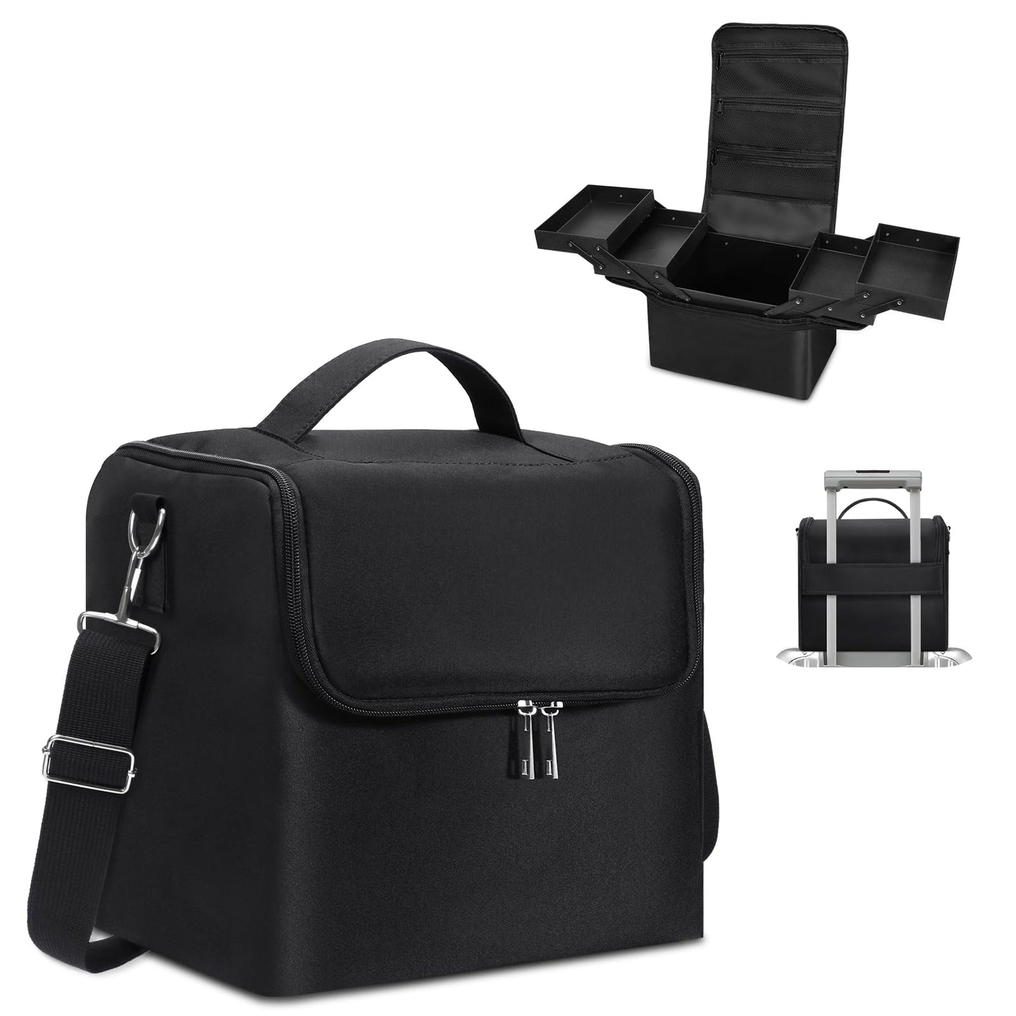 Large Makeup Carrying Train Case for Women,Black Travel Makeup Organizer Bag Storage Box,4 Tier Professional Nail Organizer Case with Adjustable Dividers for Nail Tools Jewelry MakeUp Brushes Toiletry