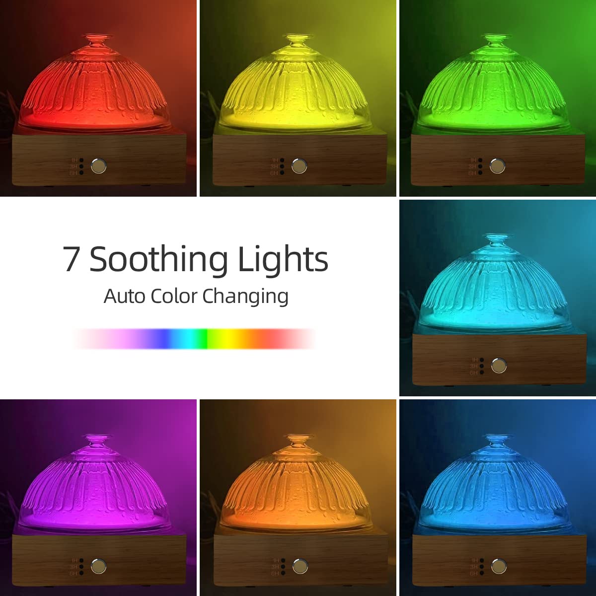 SOICARE Crystal Glass Essential Oil Diffuser, 200ml Glass Reservoir Diffuser for Essential Oils with Wood Base, Plastic-Free Aroma Diffuser for Home Office Yoga Pilates Gift (7 Color Changing Lights)