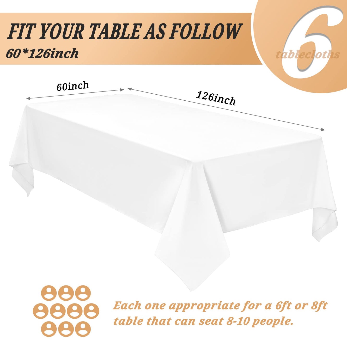 6Pack White Table Clothes for 8ft Rectangle Tables, 60 x 126 Inch Rectangle Tablecloth Wrinkle Free Washable Polyester Tablecloths for Wedding Reception Banquet Party