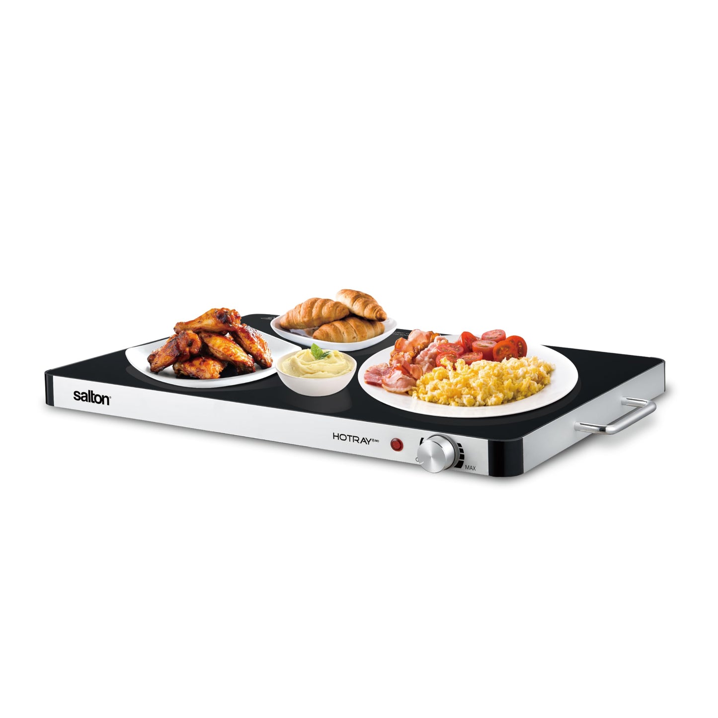 Salton Hotray XL Warming Tray | 21” x 16” Tempered Glass Surface | Variable Temperature Control | Cool-Touch Handles | for Parties, Gatherings, and Everyday Use | Easy-to-Clean | 400W | WT2148