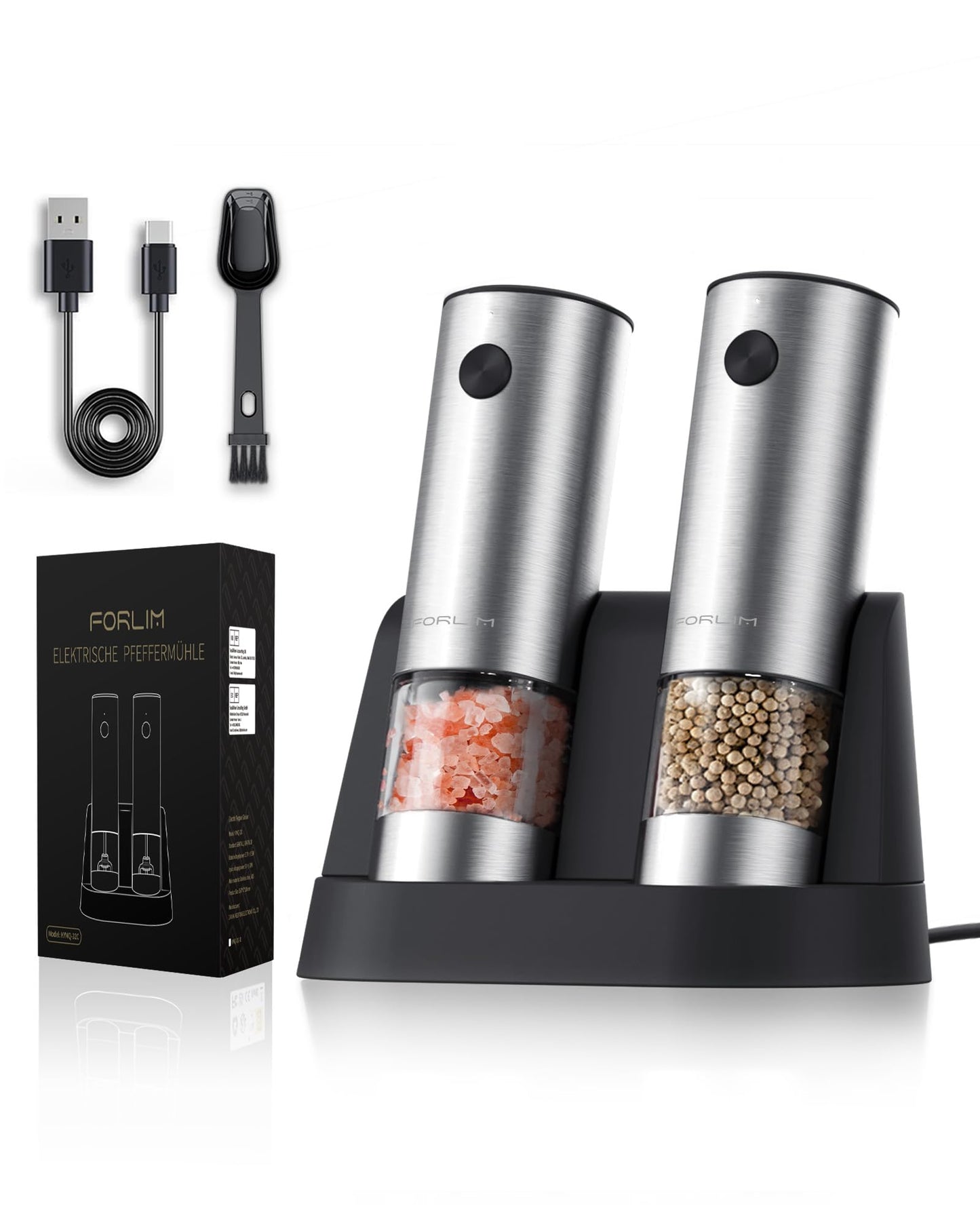 FORLIM Electric Salt and Pepper Grinder Set with USB Rechargeable Base, Upgraded Washable Container and Quieter, Automatic One-Handed Operation with LED, Adjustable Coarseness Pepper Mill Refillable