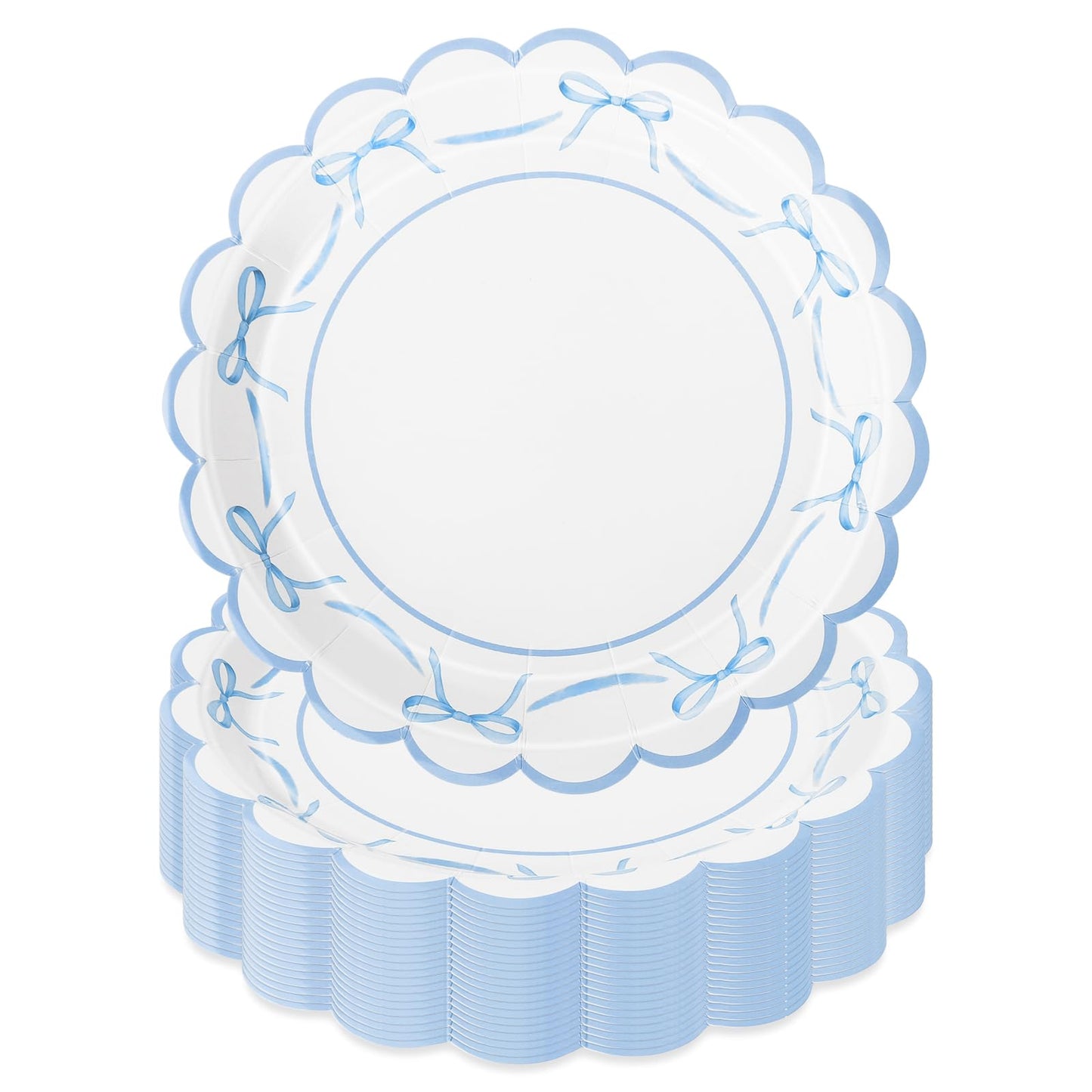 JarThenaAMCS 50Pcs Blue Bow Paper Plate Scalloped Bowknot Baby Shower Disposable Plate 9 Inch Decorative Dinner Plates for Birthday Party Table Decor