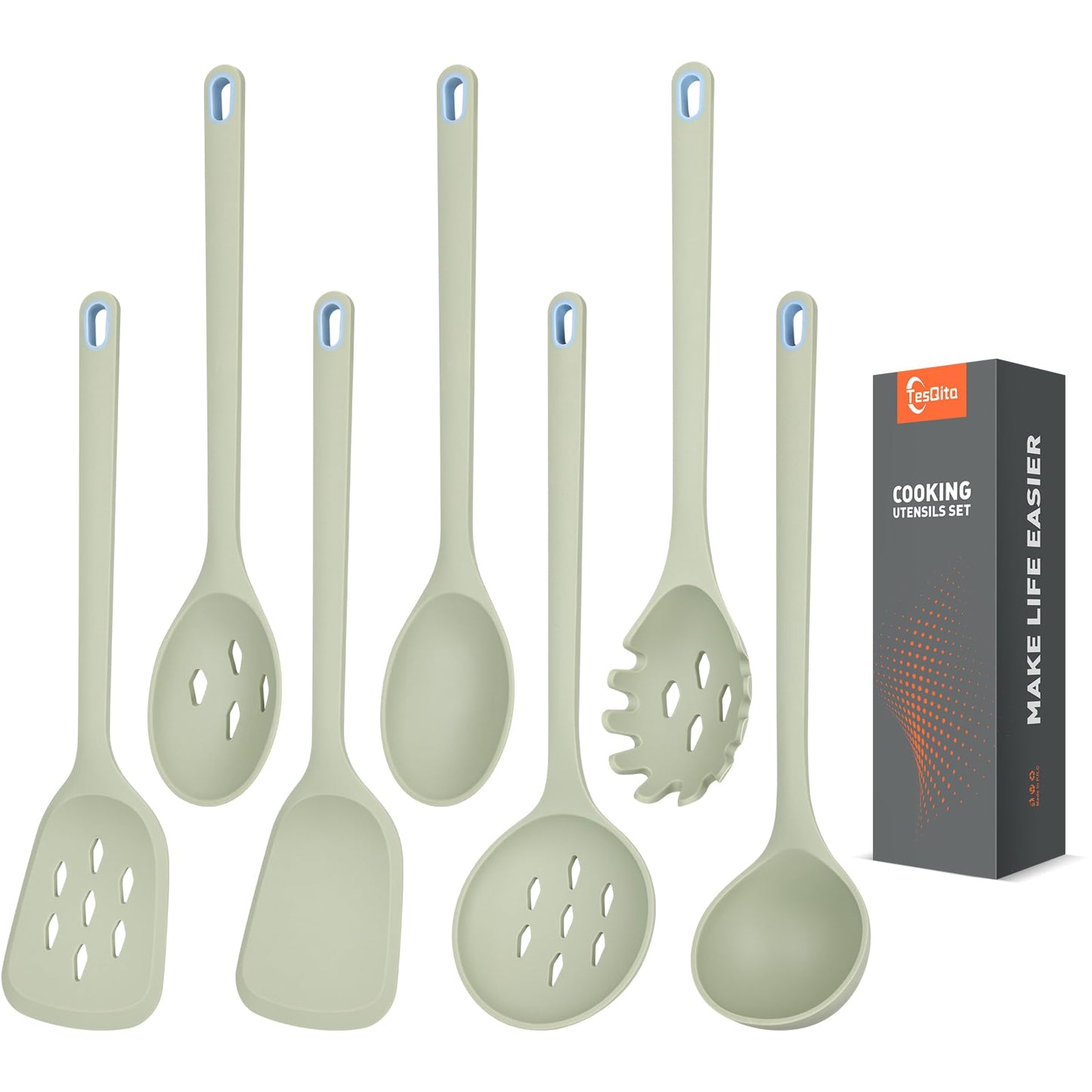 Large Silicone Utensils Set of 7 for Cooking,No Scratch for Nonstick Cookware Pasta Server,Spaghetti Spoon,Slotted Spoon&Spatula,Solid Spoon&Spatula,Skimmer,Soup Ladle BPA Free Heat Resistant (Green)