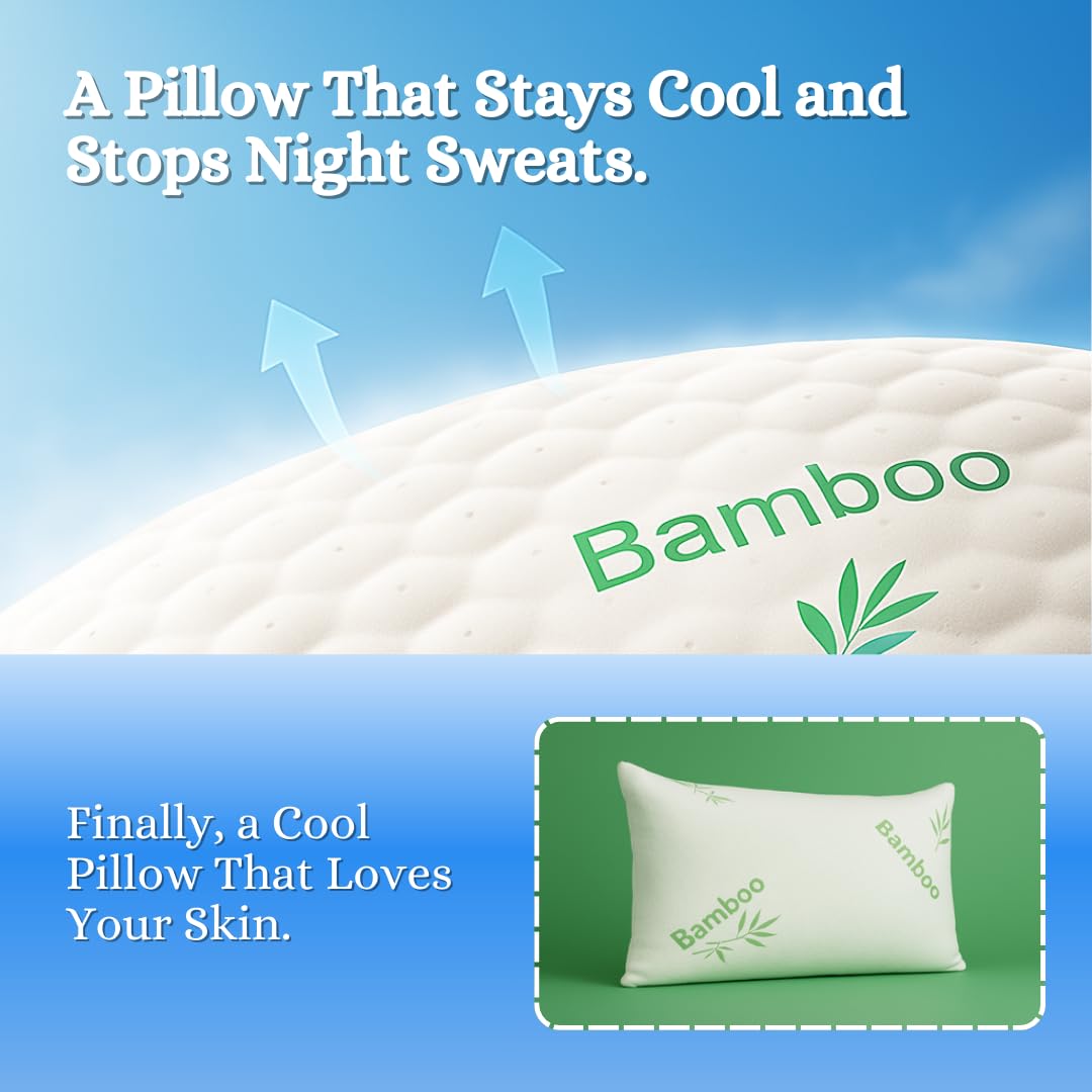 Bamboo Sleeping Bed King Size Pillow 2 Pack Made in Canada for Side, Back & Stomach Sleepers | Bamboo Premium Hotel Quality Cover Cooling Microgel Filling Supportive Pillow - 20"X36"