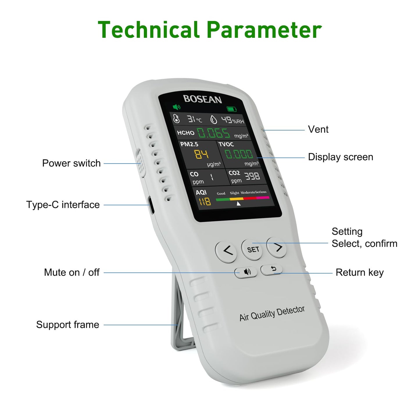 Air Quality Monitor, 8 in 1 Indoor Air Quality Meters, Formaldehyde Detector, Pollution Meter Sensor Detecting HCHO, PM2.5, TVOC, CO, CO2, AQI, Temperature and Humidity Tester