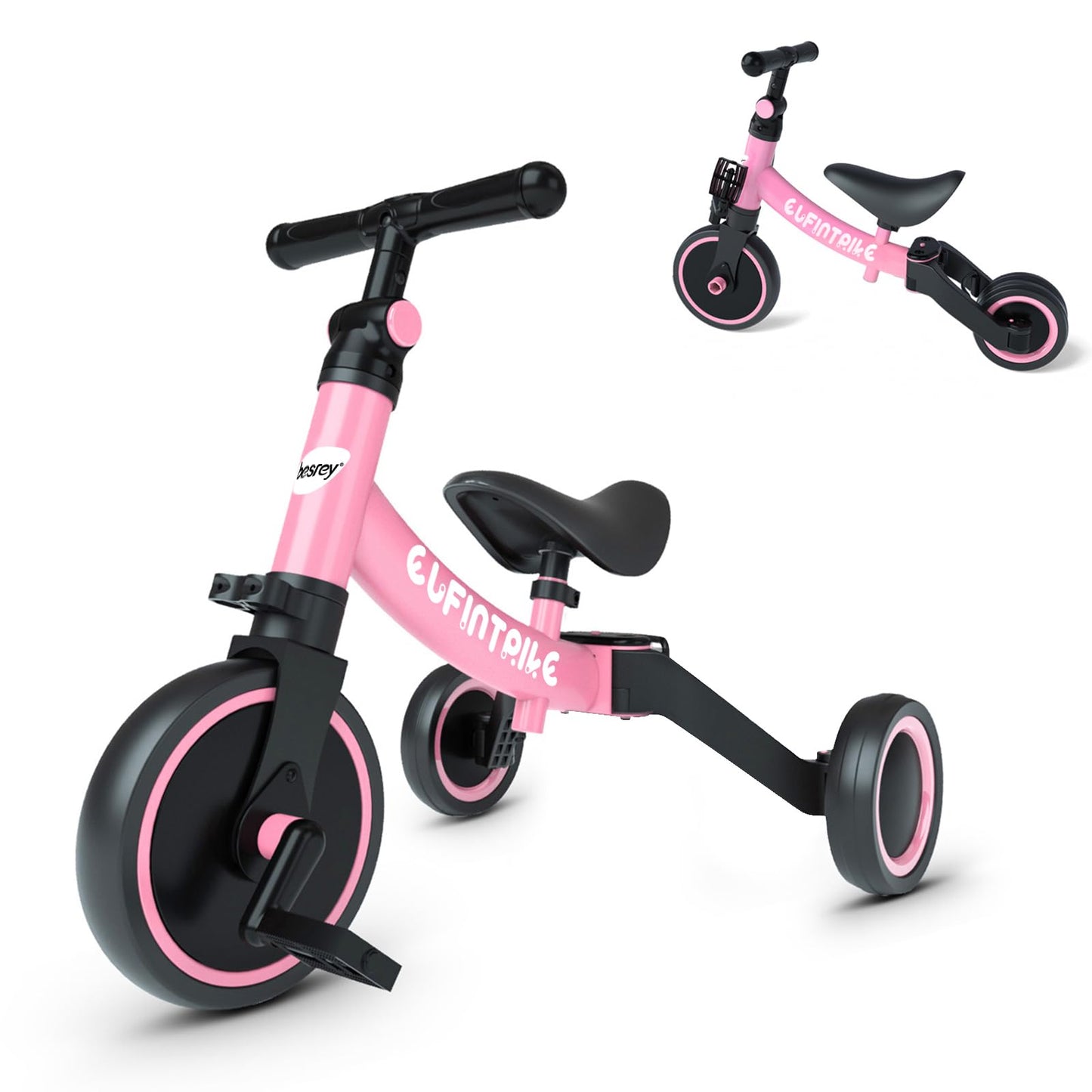 besrey 5 in 1 Toddler Bike for 1 Years to 4 Years Old Kids, Toddler Tricycle Kids Trikes Tricycle, Toys for Boy & Girl, Balance Training, Removable Pedals - Pink