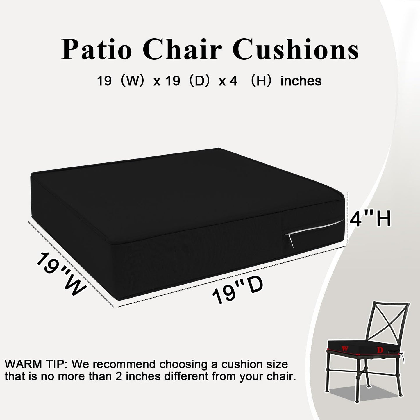 MJIAIDEA Outdoor Chair Cushions Set of 2 for Patio Furniture 19x19x4 Inch Waterproof Patio Chair Cushion 3 Year Color Fastness Square Elastic Foam Garden Couch Pads with Ties and Handle,Black