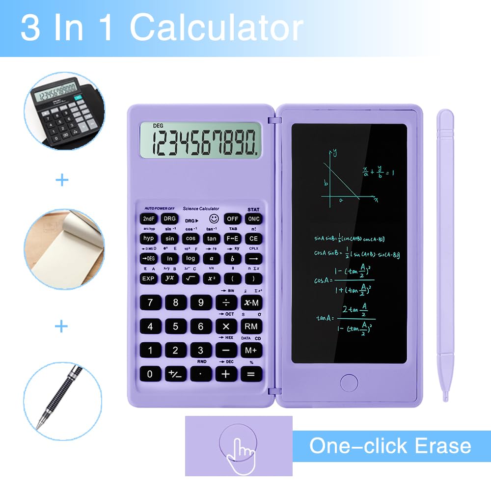 IPepul Scientific Calculator for high-school, 10 Digits Digital with Erasable writing board Math Calculator for middle school & College (Purple)