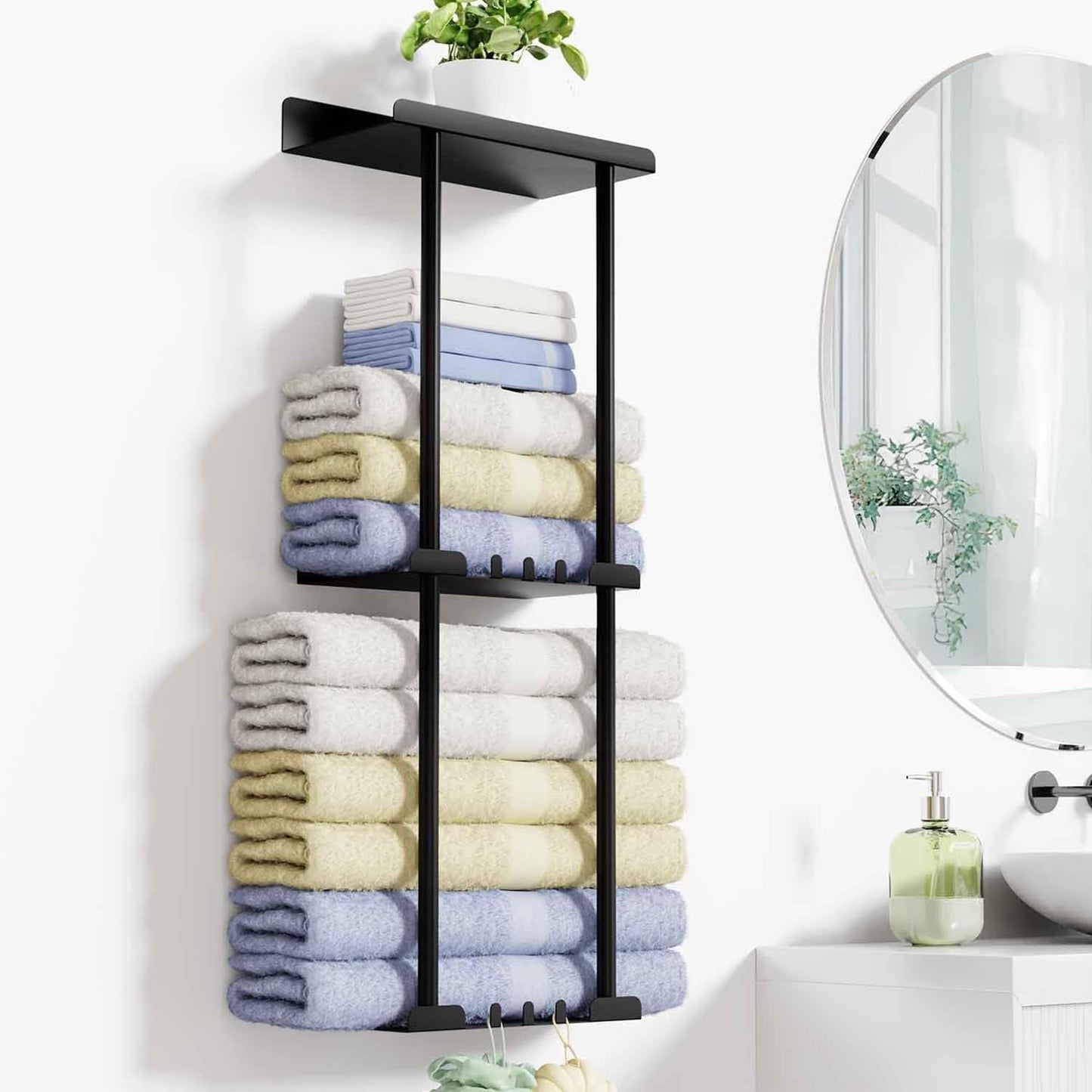 Towel Racks for Bathroom, No Drilling Towel Holder Towel Rack, Towel Storage Wall Mounted, Adjustable Towel Rack Bathroom Storage, Bathroom Towel Holder Towel Shelf for Rolled or Folded Towels, Black