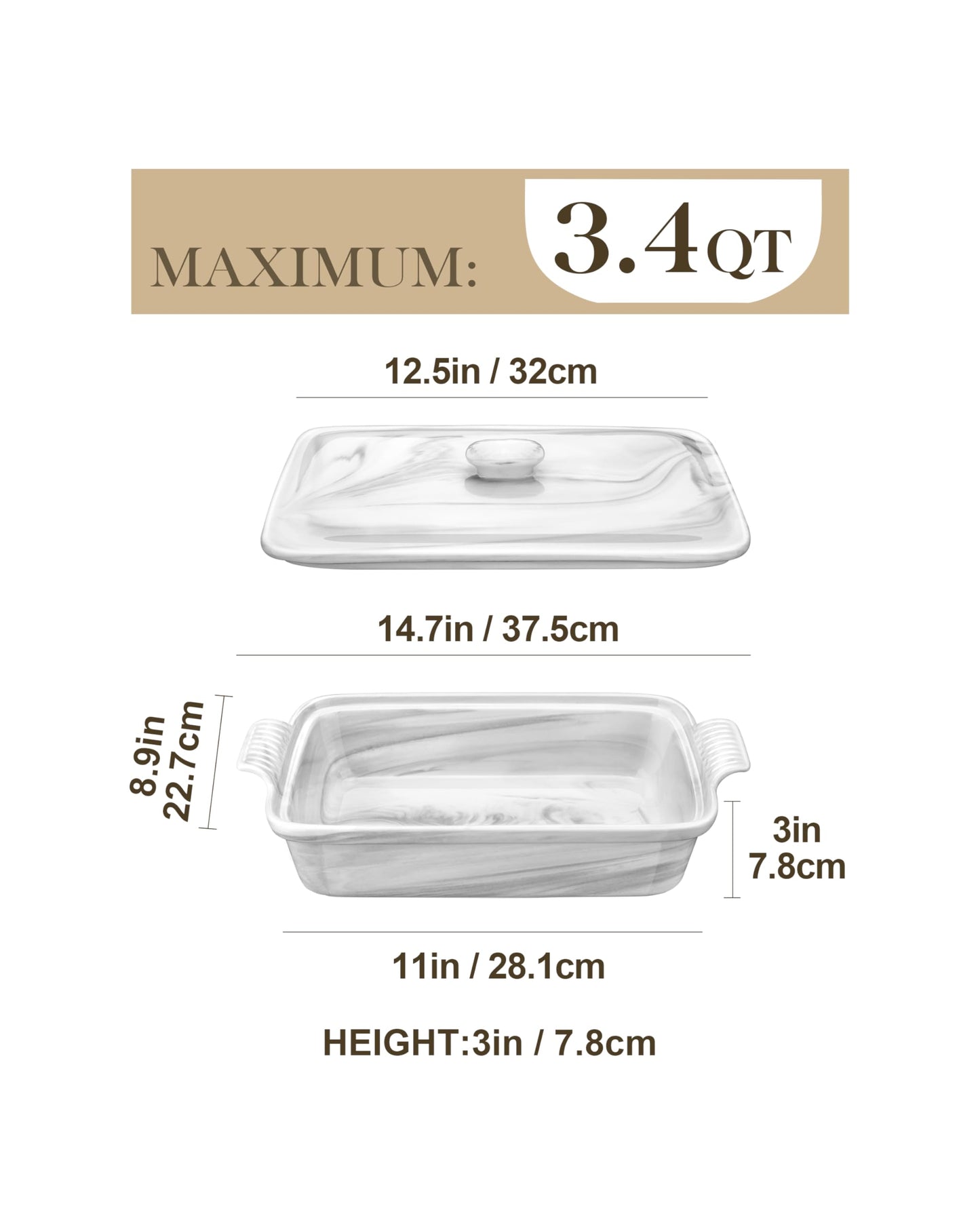 MALACASA Casserole Dish With Lid, 3.4 Quart Baking Dish With Lid, Deep Lasagna Pan Ceramic Bakeware Covered Casserole Dish Set, Microwave, Oven, Dishwasher Safe, 12 x 8.9 x 3 inch, Series BAKE-GREY