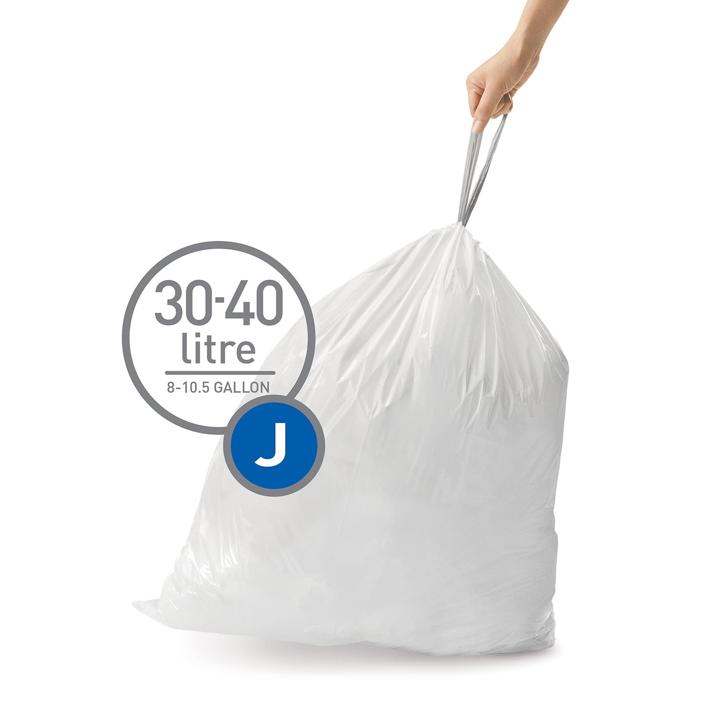 simplehuman Code J 60 Count, Dispenser Pack Custom Fit Liners, Drawstring Trash Bags, 30-45L / 8-12 Gallons, White