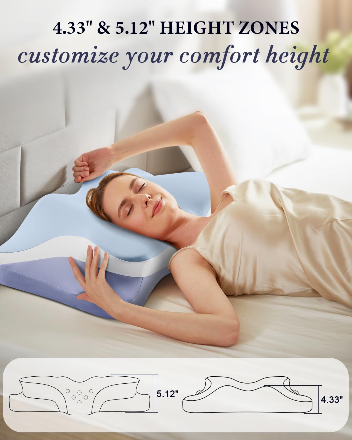 Cervical Pillow, Cooling Ergonomic Memory Foam Pillows for Sleeping with Luxury Anti-Pilling Pillowcase, Contour Deep Sleep Neck Support Pillow for Side Back Stomach Sleepers Queen Size (Blue)