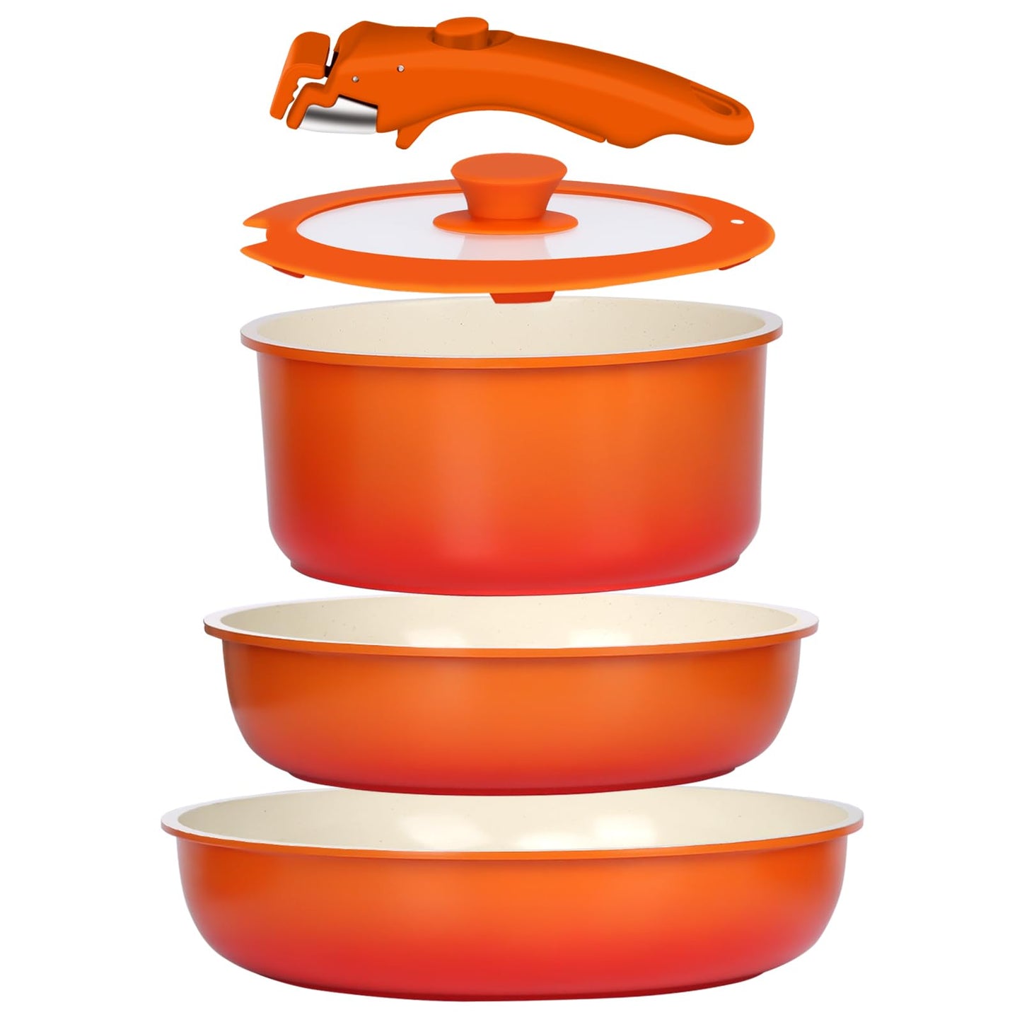 GIPP 5pcs Pots and Pans Set Non Stick, Nonstick Cookware Set Detachable Handle,Ceramic Pots for Cooking Non Stick with Removable Handle, RV Cookware Set, Orange Gradient