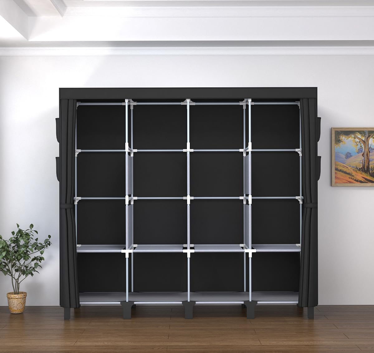 Portable Wardrobe, Large Capacity Closet Storage with Cloth Cover, Dustproof, Waterproof, Side Pockets, Simple Wardrobe Organizer, 51.2 inches, Depth 17.8 inches (Black, Extra Large)