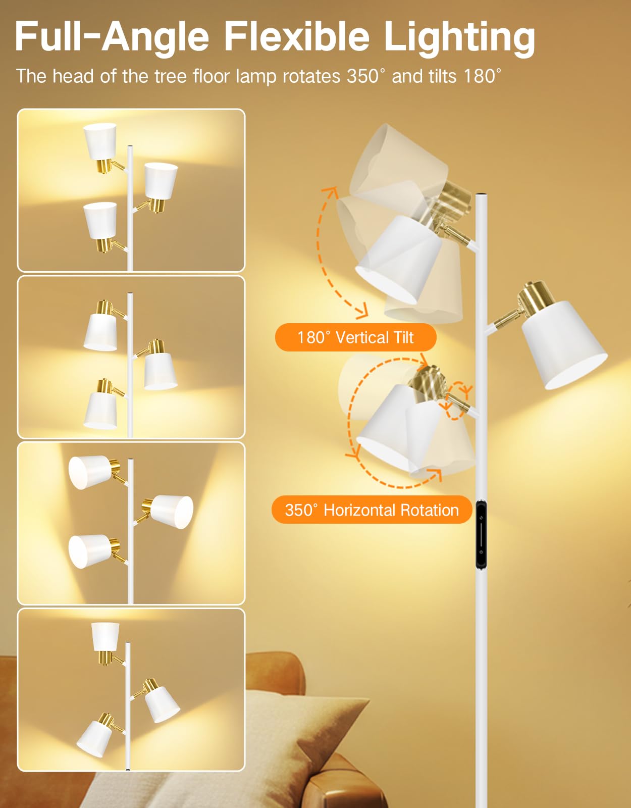 OUTON Tree Floor Lamp, LED Dimmable Floor Lamp with Remote And Touch Slide Control, 4 Color Temperatures, 3 Rotatable Lights, Modern Standing Lamp for Living Room Bedroom Office, Bulbs Included, White