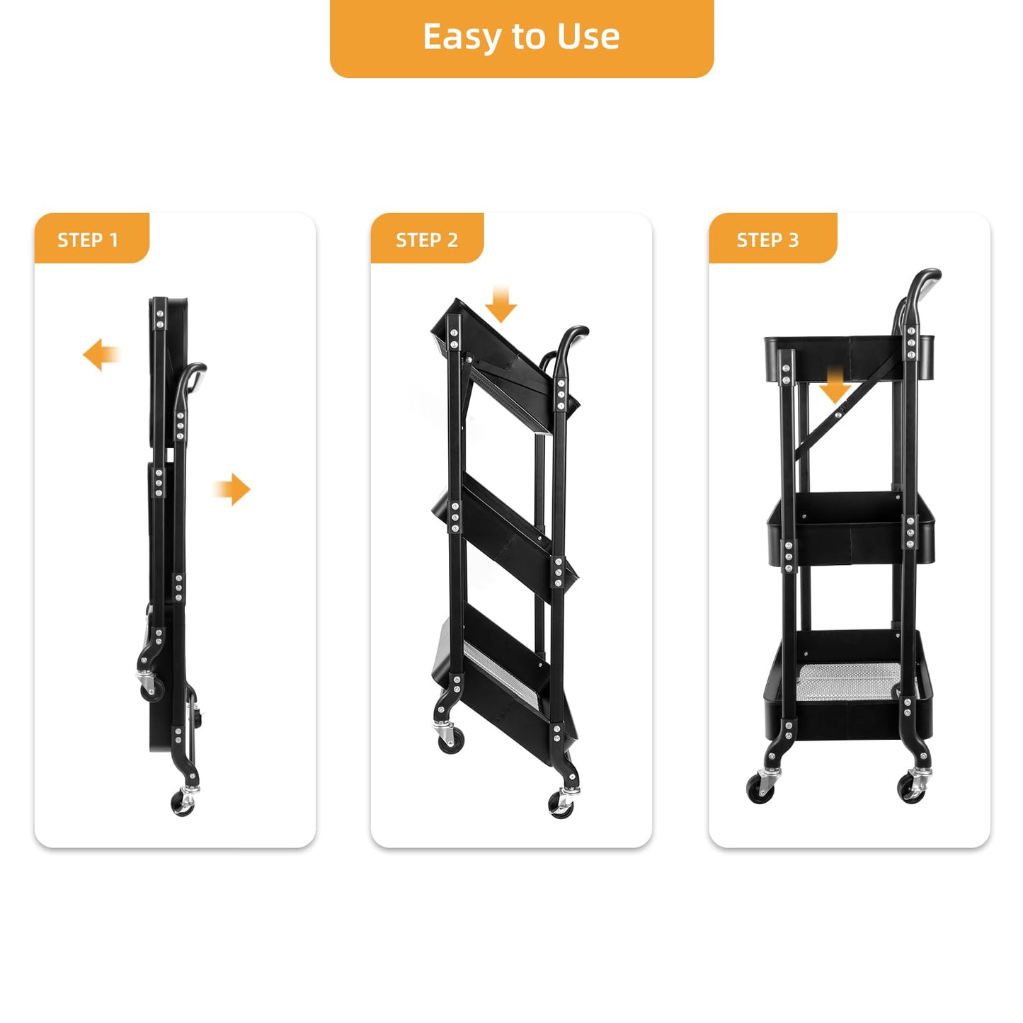Amatic 3-Tier Folding Rolling Utility Cart with Wheels, Foldable Storage Cart Organizer with 3 Hanging Cups & 6 Hooks for Kitchen, Office, Living Room, Nursery(Black)