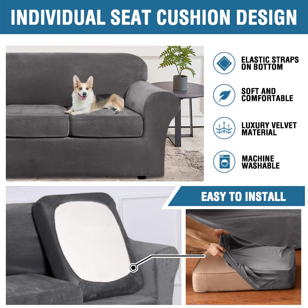 H.VERSAILTEX 4 Pieces Thick Velvet Sofa Covers for 3 Cushion Couch High Stretch Sofa Slipcovers Furniture Protector Housse Divan Couch Cover for Pets Dogs Width Up to 90 Inch(Sofa,Grey)