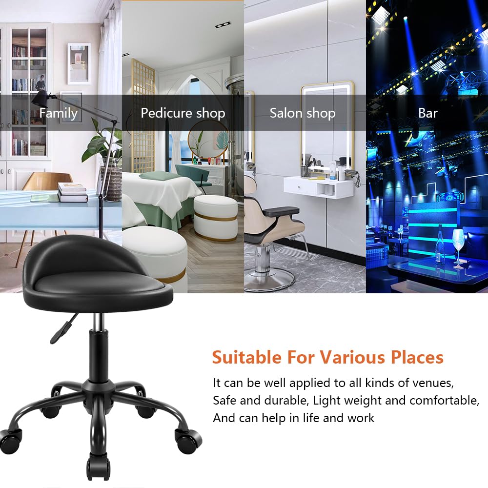 KKTONER Rolling Stool with BackRest Height Adjustable Round Chair with Wheels Swivel Drafting Work PU Leather stools Small (Black)